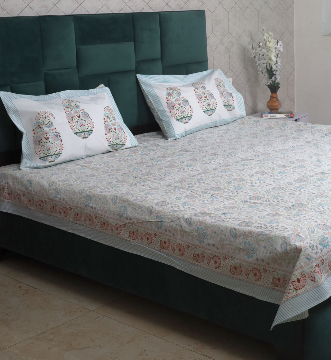 Beautiful Hand Block Blue Floral Printed Double Bed Bedsheet