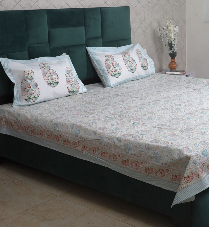 Beautiful Hand Block Blue Floral Printed Double Bed Bedsheet
