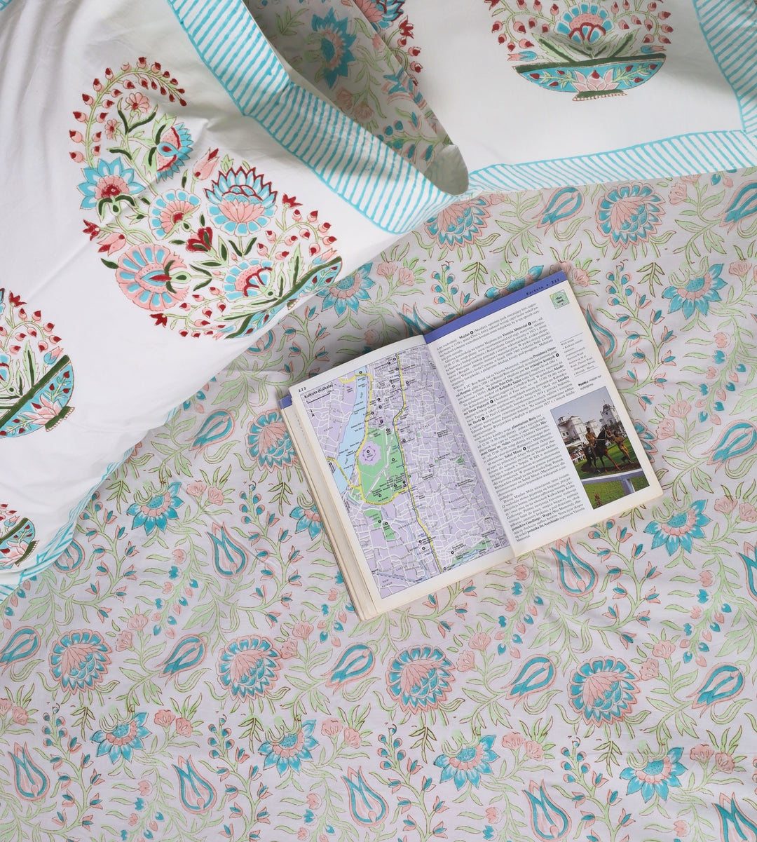 Beautiful Hand Block Blue Floral Printed Double Bed Bedsheet