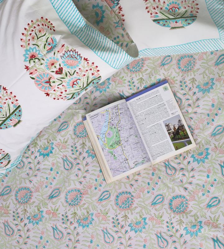 Beautiful Hand Block Blue Floral Printed Double Bed Bedsheet