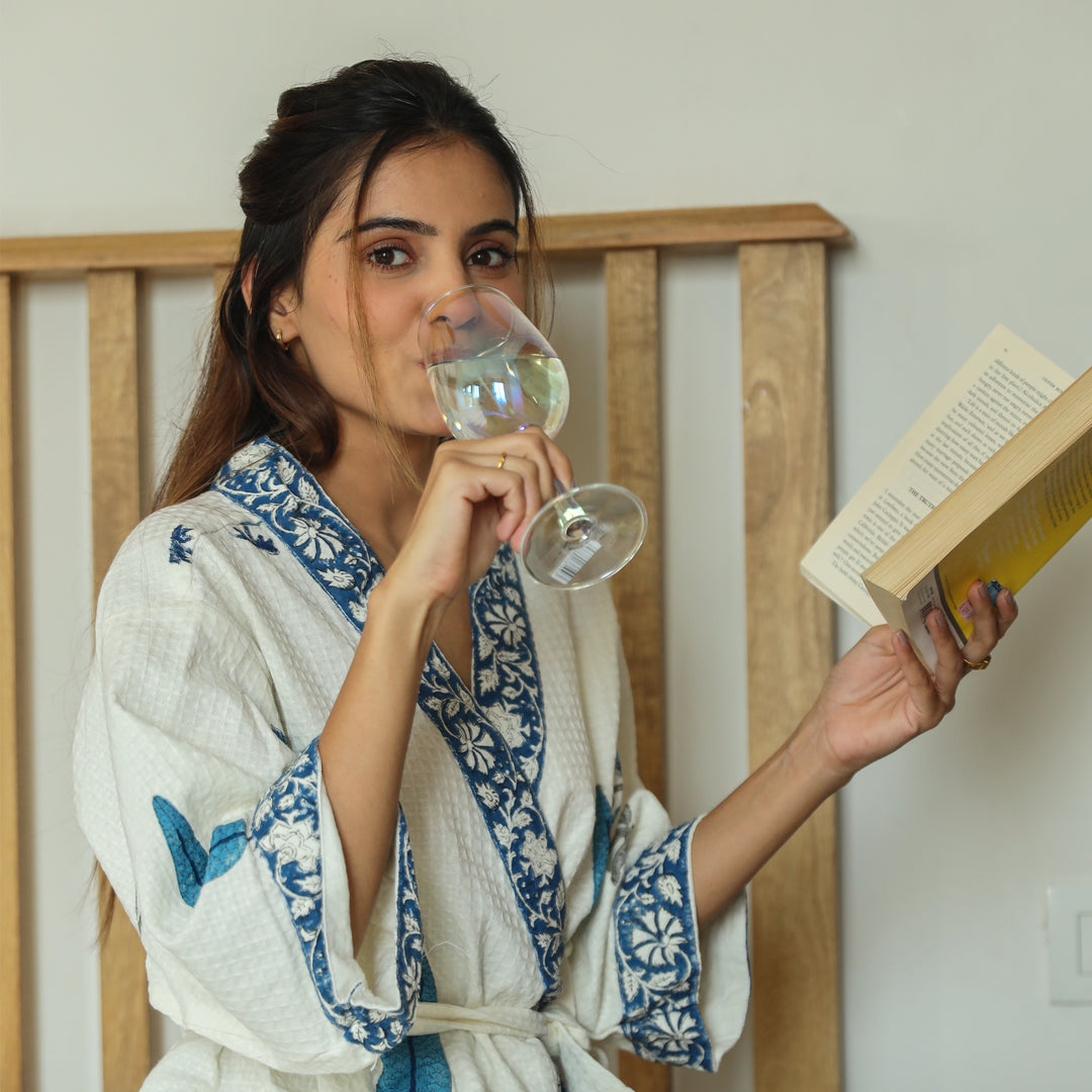 Blue Leaf Hand Block Print Bathrobe