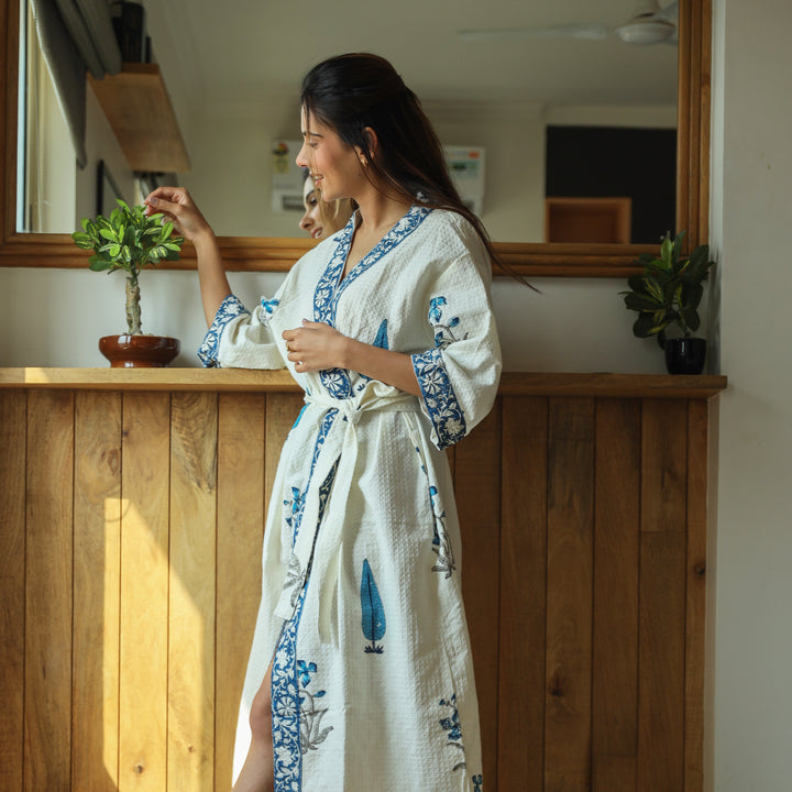 Blue Leaf Hand Block Print Bathrobe