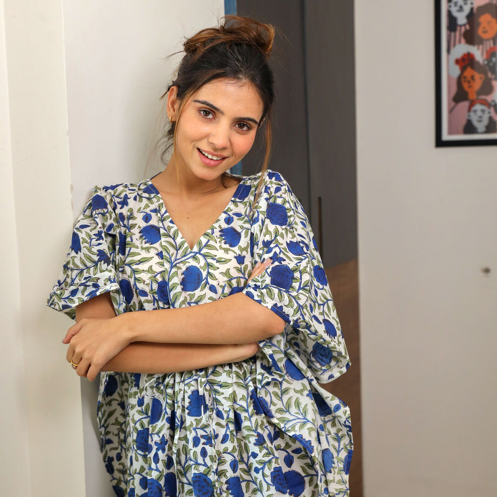 Blue Flower Hand Block Print Kaftan