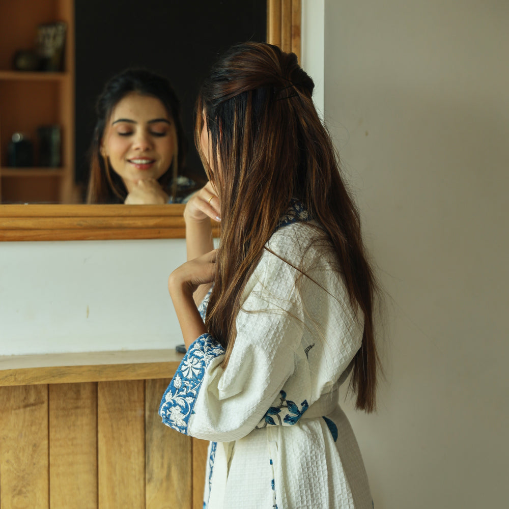 Blue Leaf Hand Block Print Bathrobe