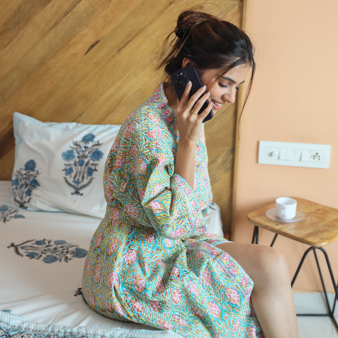 Sky Blue Flower Hand Block Print Bathrobe