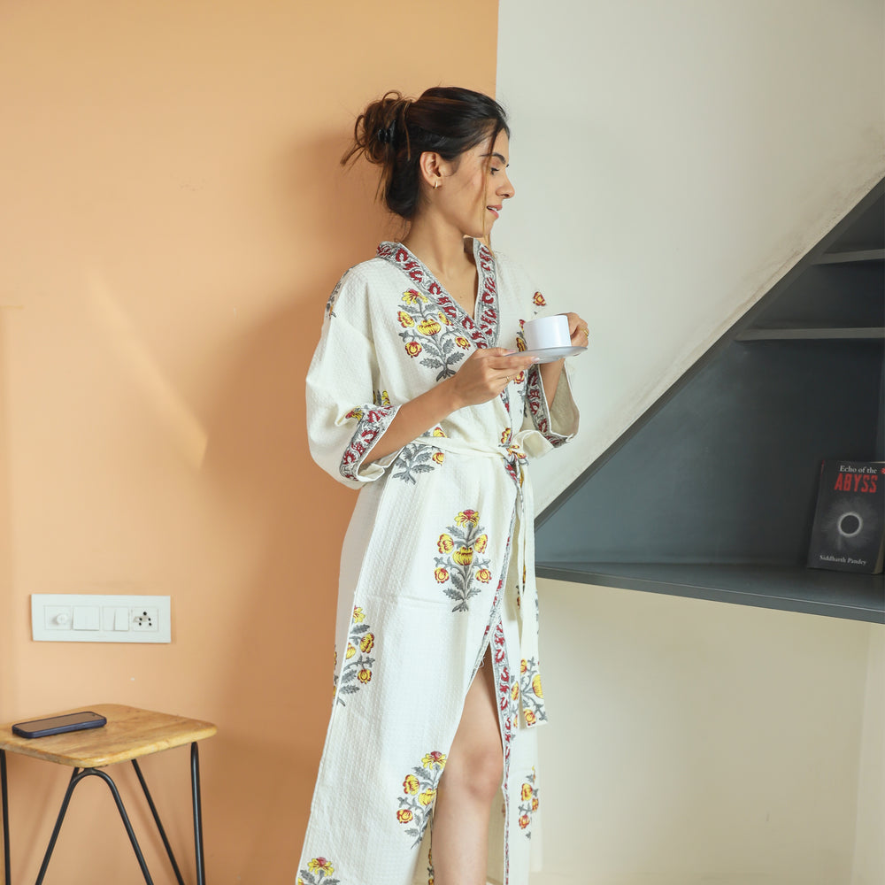 Yellow Floral Tree Hand Block Printed Bathrobe