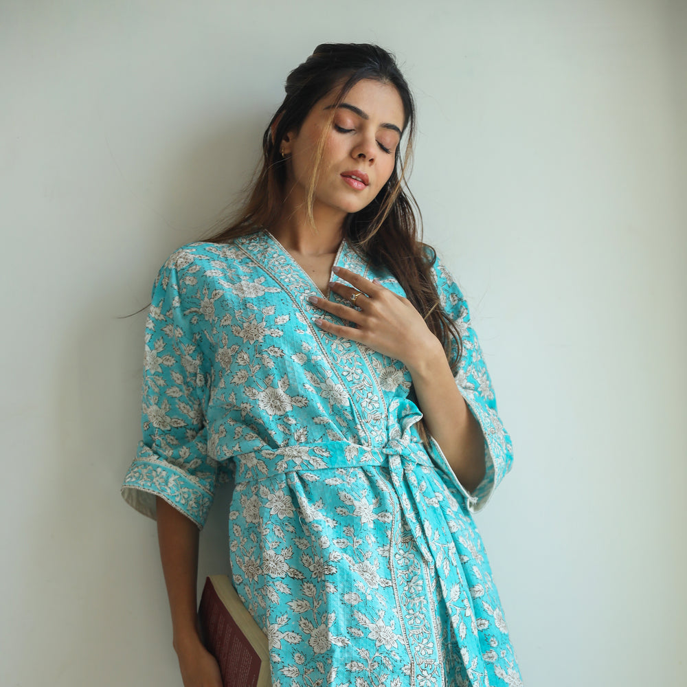 Sky Blue And White Flower Hand Print Bathrobe