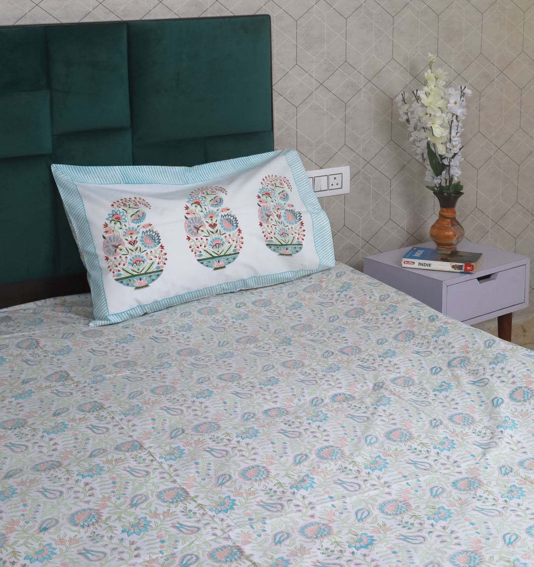 Beautiful Hand Block Blue Floral Printed Double Bed Bedsheet 