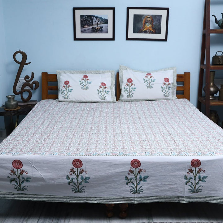 Hand Block White Floral Printed Double Bed Bedsheet By Jaipur Exclusive