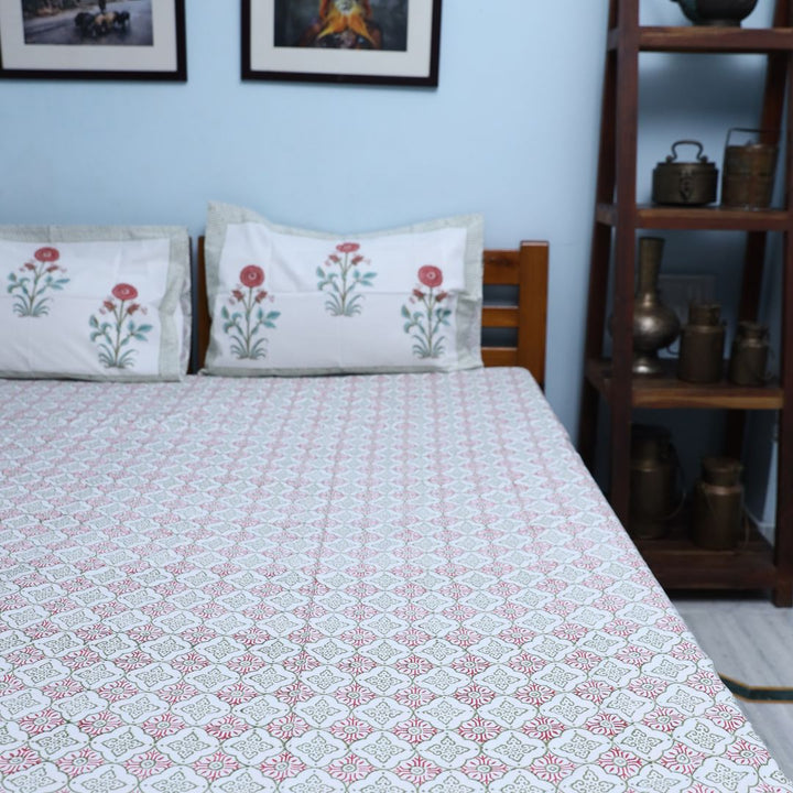 Hand Block White Floral Printed Double Bed Bedsheet By Jaipur Exclusive