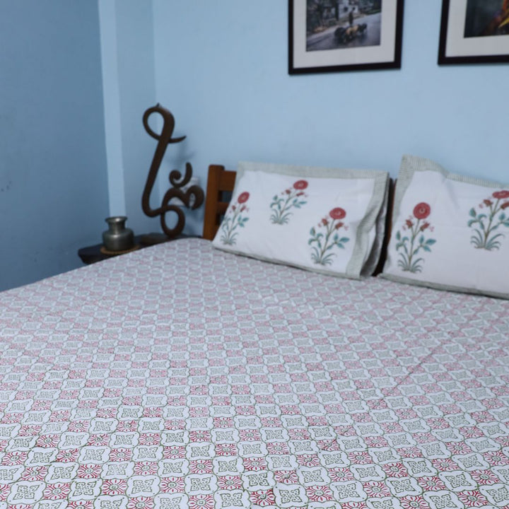 Hand Block White Floral Printed Double Bed Bedsheet By Jaipur Exclusive