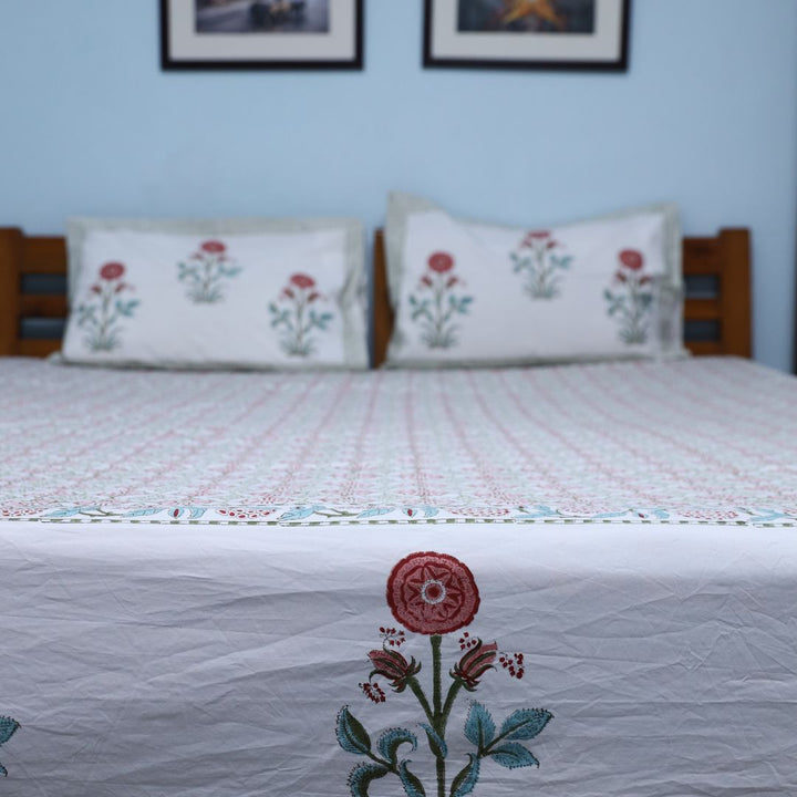 Hand Block White Floral Printed Double Bed Bedsheet By Jaipur Exclusive