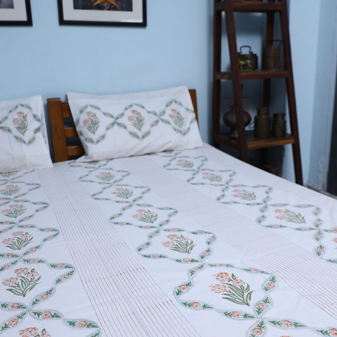 Hand Block White Floral Printed Double Bed Bedsheet By Jaipur Exclusive