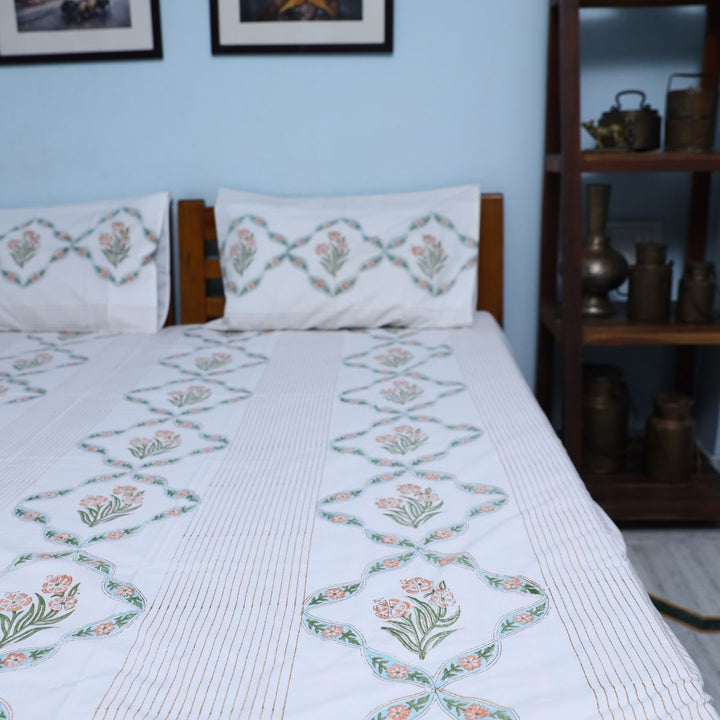 Hand Block White Floral Printed Double Bed Bedsheet By Jaipur Exclusive