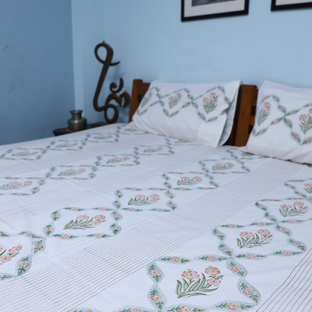 Hand Block White Floral Printed Double Bed Bedsheet By Jaipur Exclusive