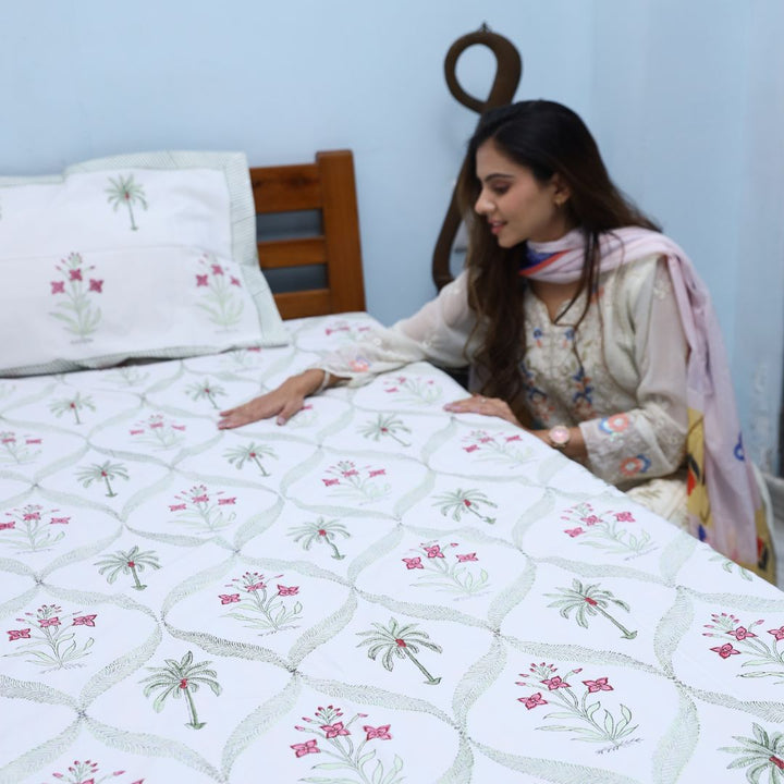 Hand Block Rose Floral Printed Double Bed Bedsheet By Jaipur Exclusive