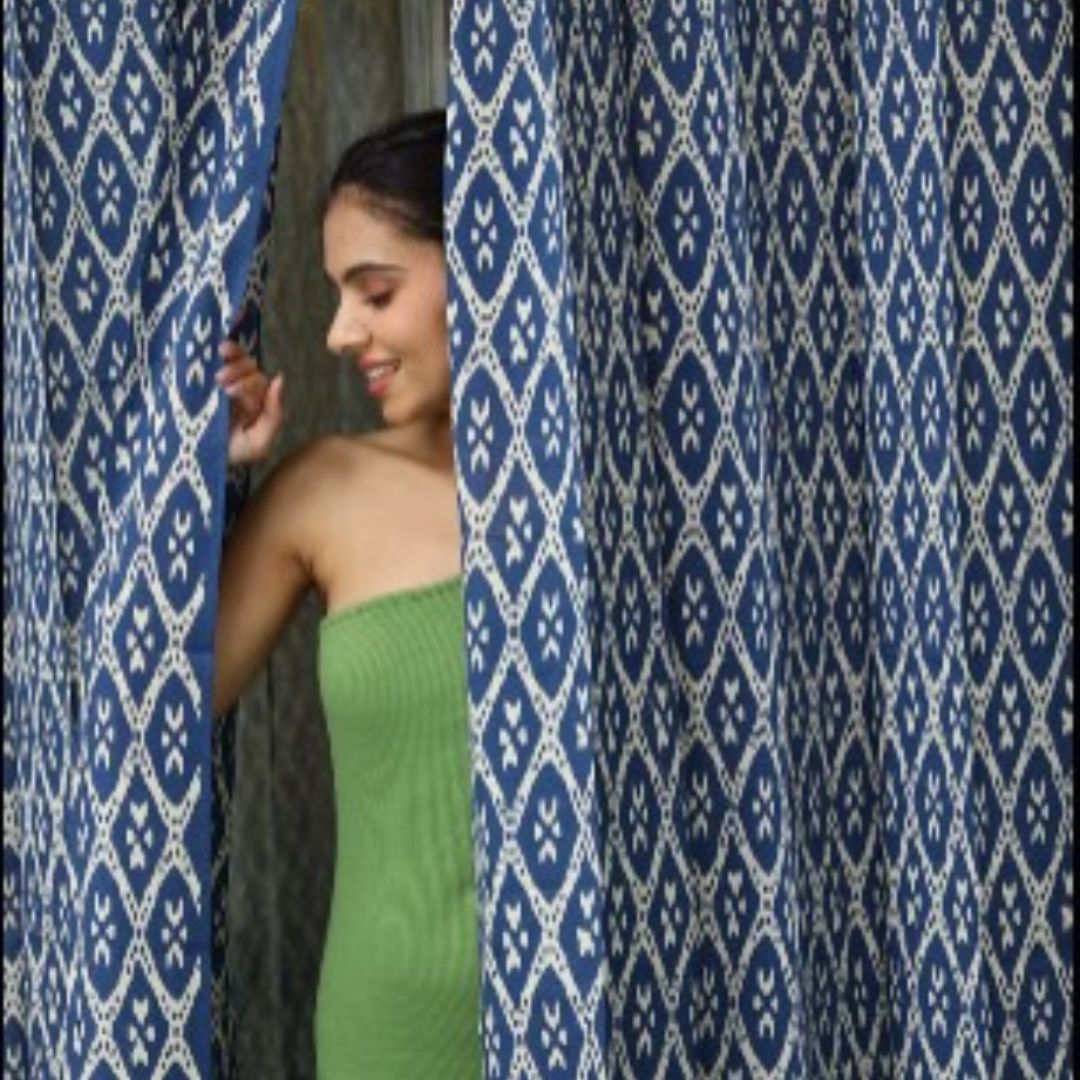 Indigo Square Print Semi Sheer Curtain