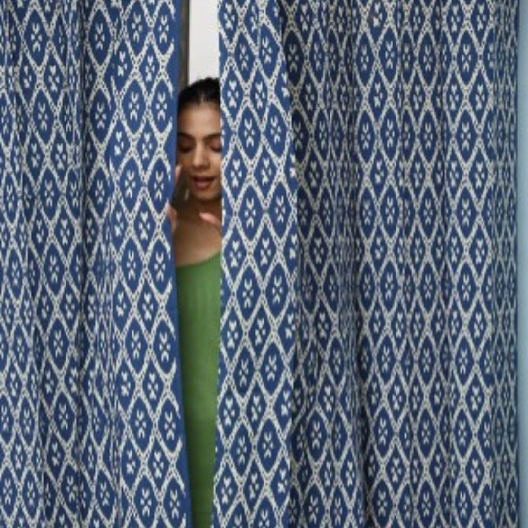 Indigo Square Print Semi Sheer Curtain